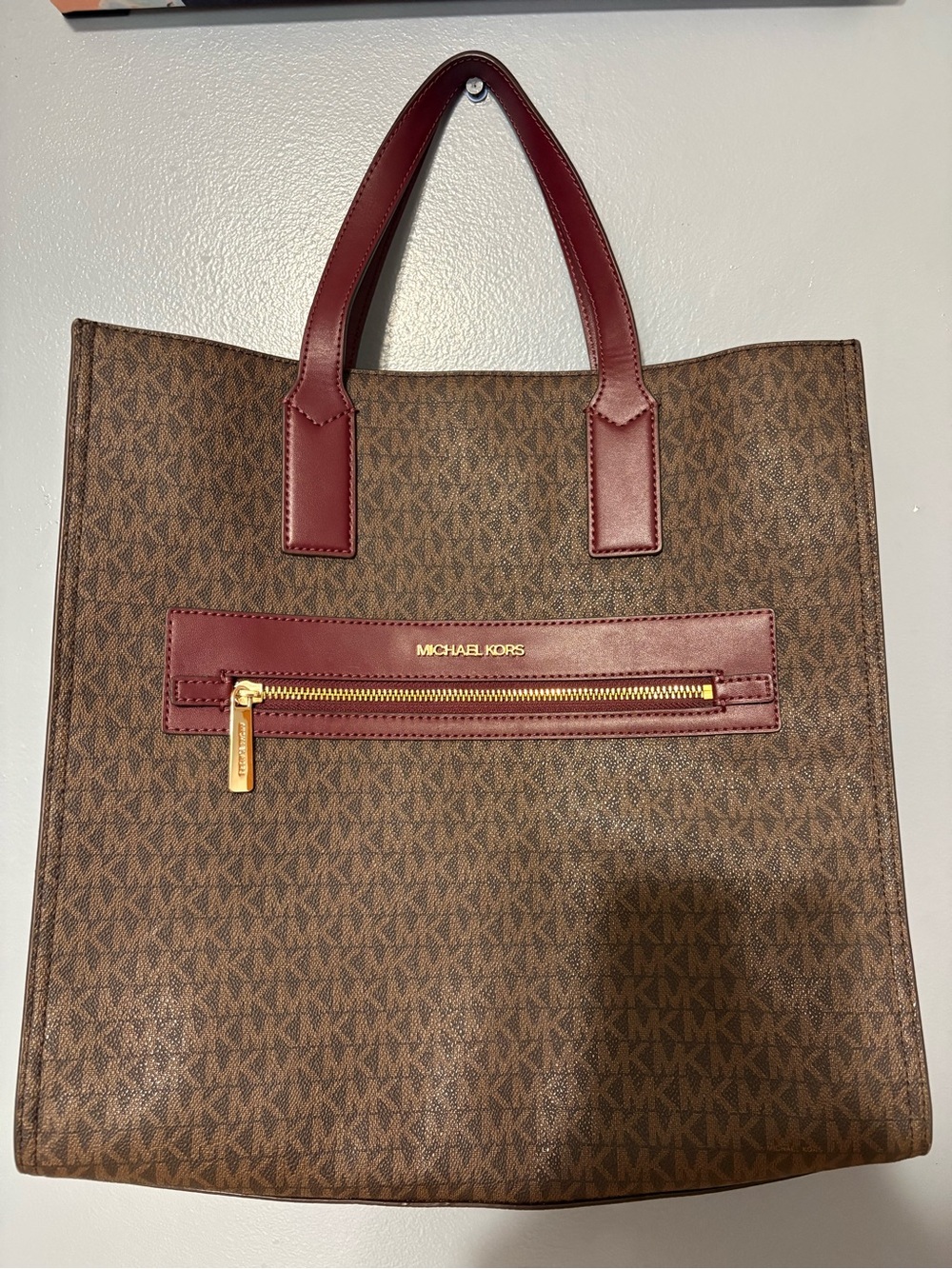 Michael Kors Brown MK Logo Tote with Burgundy Leather Trim